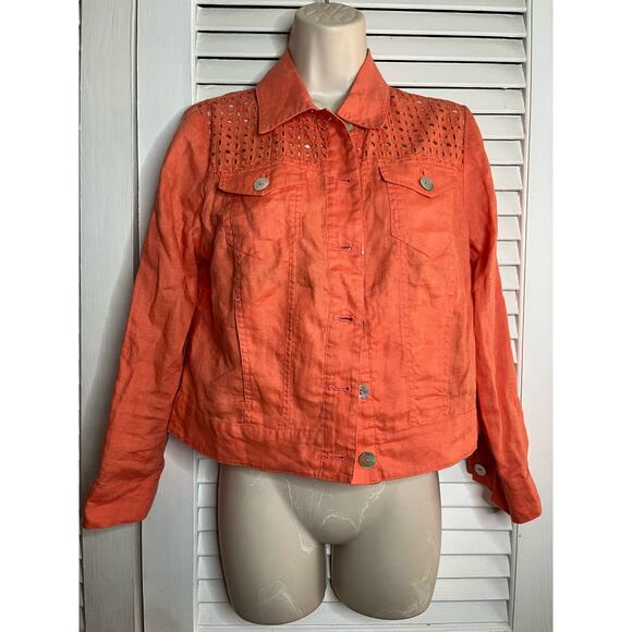 Chico's 100% linen short jacket openwork back M‎ MOP buttons Perfect - Picture 1 of 4